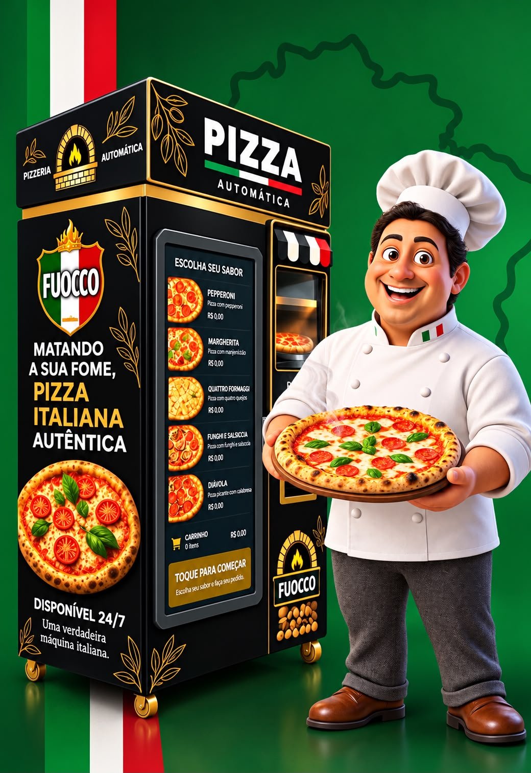 Mascote chef Fuocco segurando uma pizza italiana ao lado da máquina automática